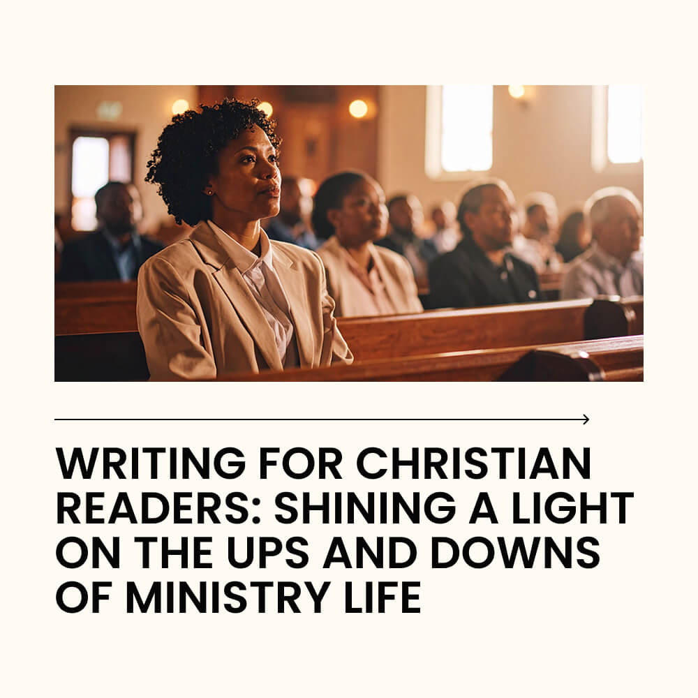 A church filled with parishioners in worship; the pastor’s wife sits near the front with a thoughtful gaze
