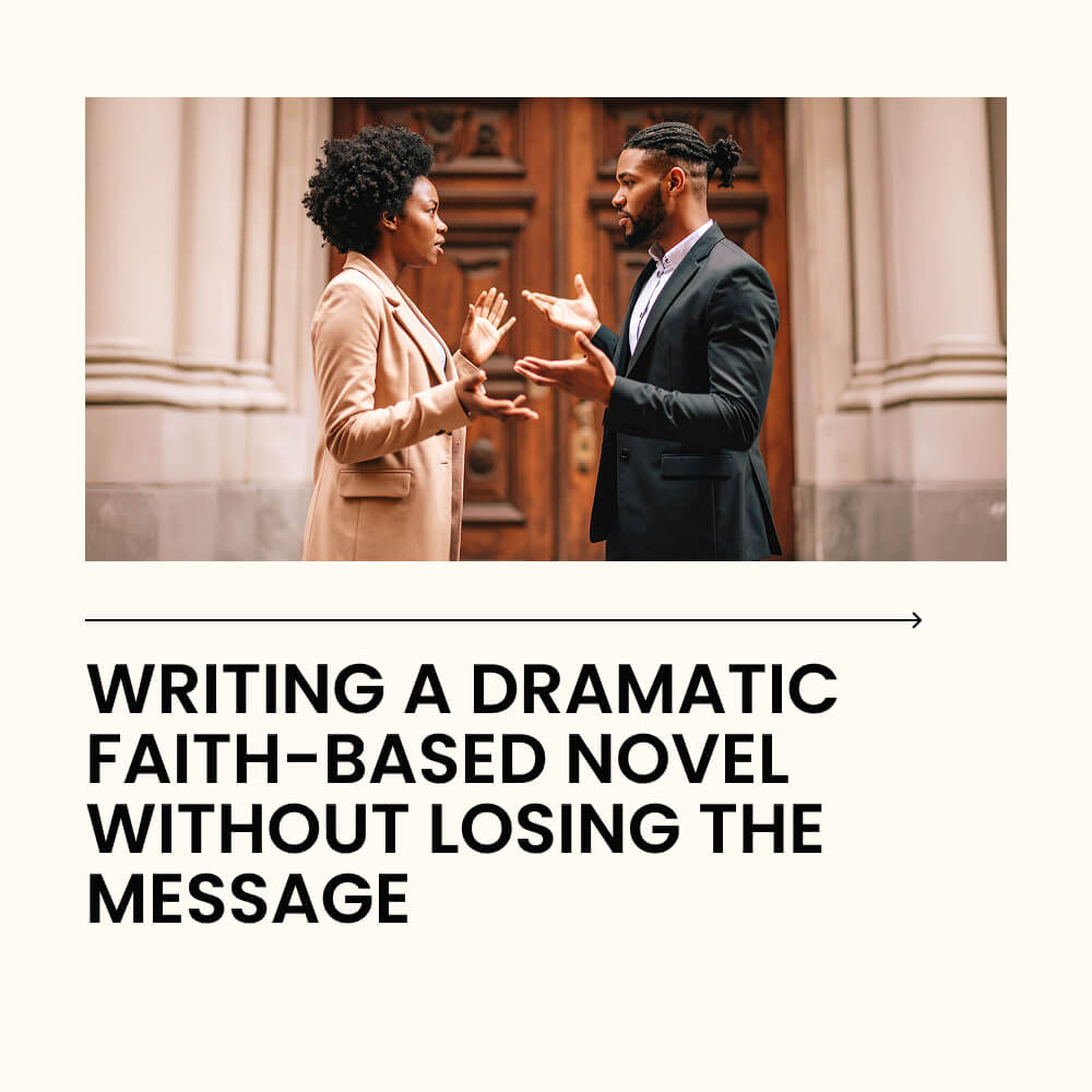 A man and a woman standing near the entrance of a church, facing each other with tense expressions, appearing to argue.