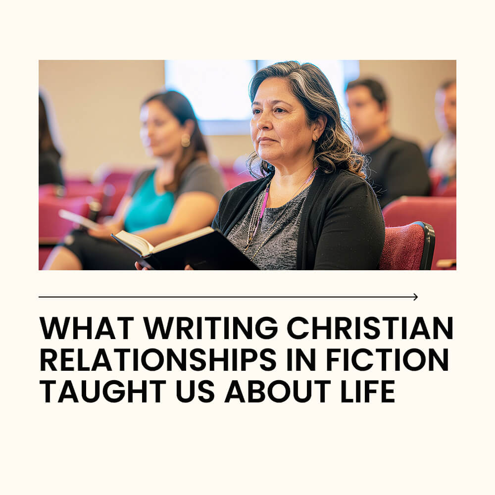 A woman sits alone at the back pew of a church, unnoticed by the blurred fellowship of women at the front
